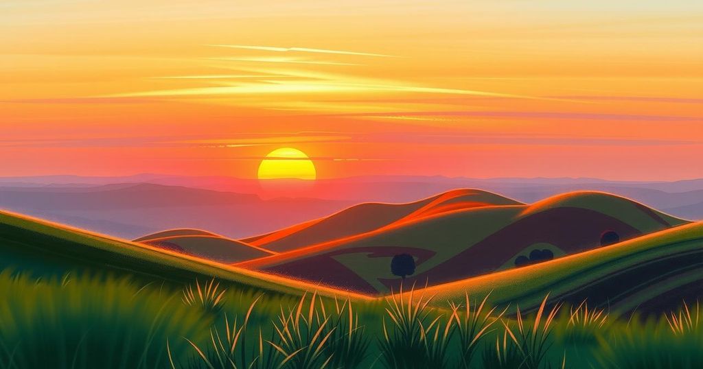 A serene landscape depicting peace with a sunset backdrop, symbolizing hope in conflict resolution.