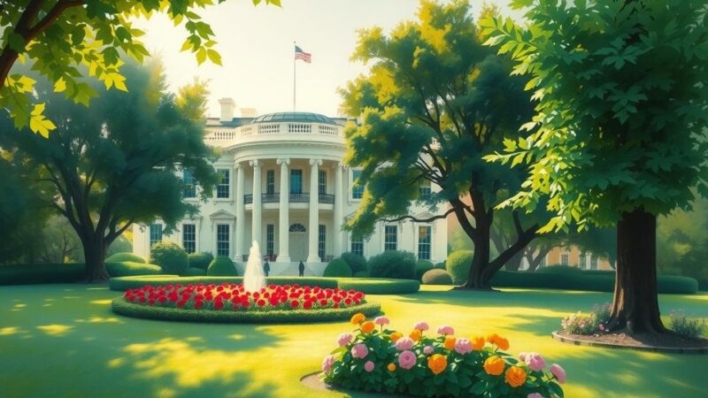 A peaceful presidential residence scene with trees, flowers, and sunlight shining on a tranquil garden area.