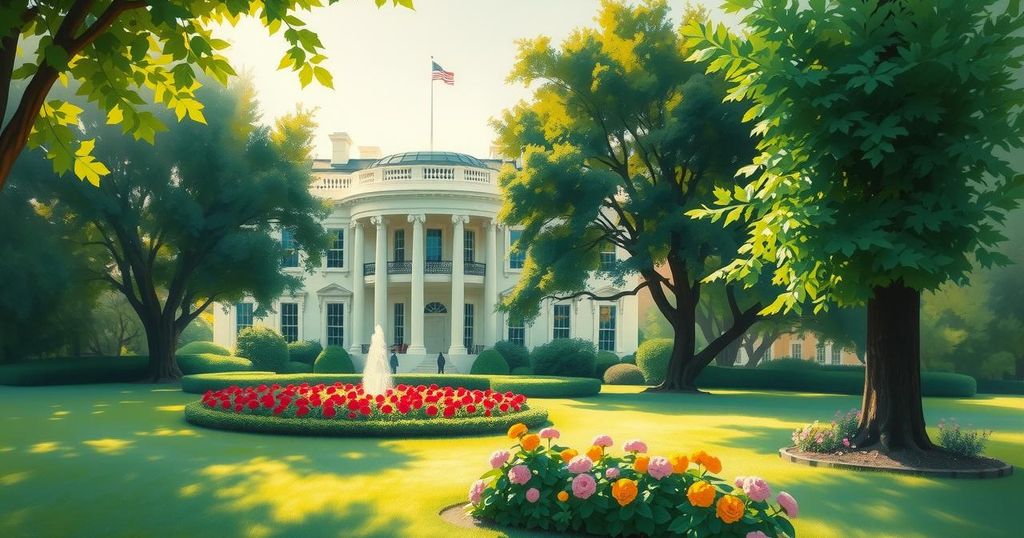 A peaceful presidential residence scene with trees, flowers, and sunlight shining on a tranquil garden area.