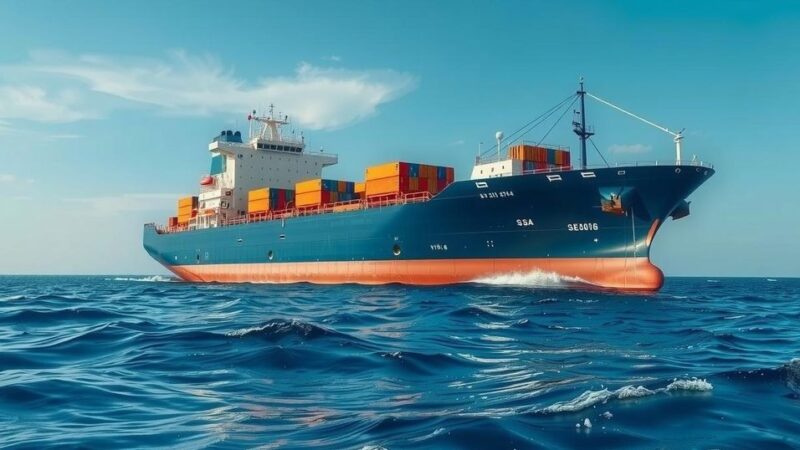 A large cargo ship on the ocean with a clear sky, representing maritime inspections for compliance.