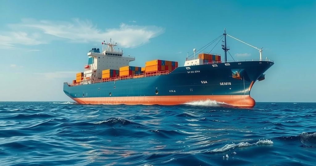 A large cargo ship on the ocean with a clear sky, representing maritime inspections for compliance.