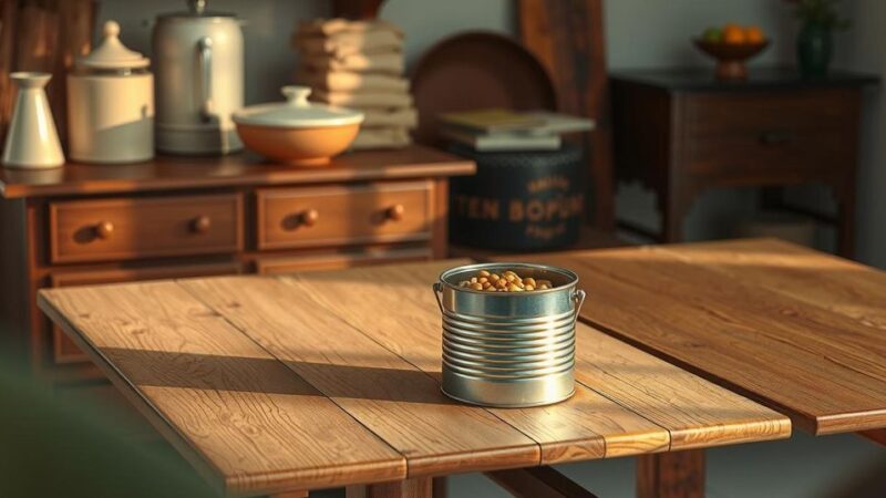 An empty pea can on a wooden kitchen table, symbolizing hidden savings and financial caution.