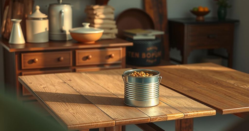 An empty pea can on a wooden kitchen table, symbolizing hidden savings and financial caution.