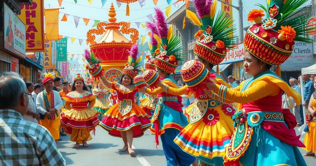 Colorful parade scene with dancers and vibrant costumes in Johannesburg, South Africa, showcasing cultural celebration.