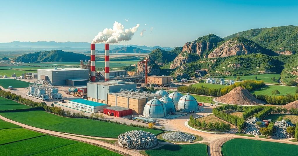 Industrial landscape with factories and natural resources under clear sky, symbolizing Nigeria's economic diversification effort.
