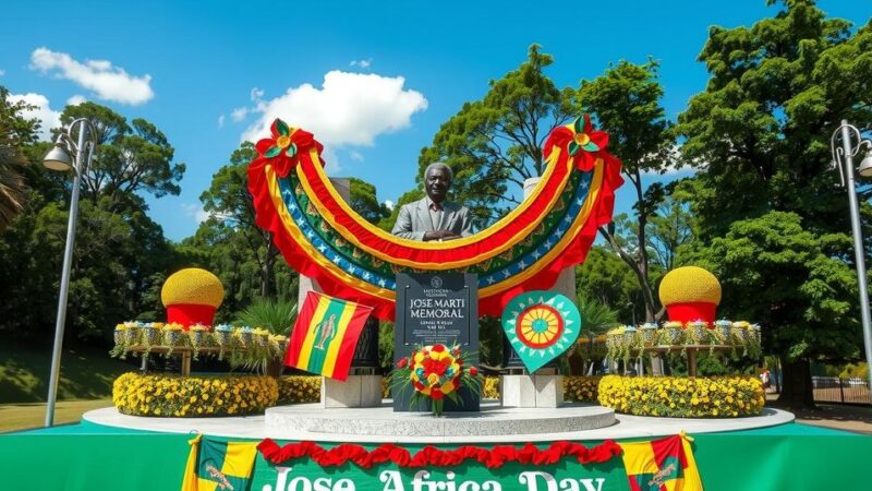 Ceremony honoring Africa Day at Jose Marti Memorial, featuring flags and vibrant decorations in Havana.