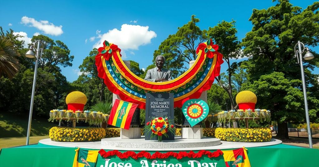 Ceremony honoring Africa Day at Jose Marti Memorial, featuring flags and vibrant decorations in Havana.