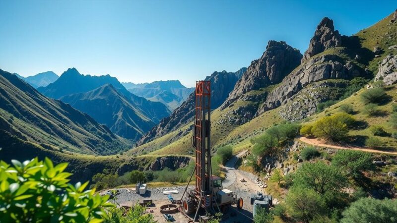 Drilling equipment at a mining site in Peru, showcasing mountainous terrain with clear skies and exploration activity.
