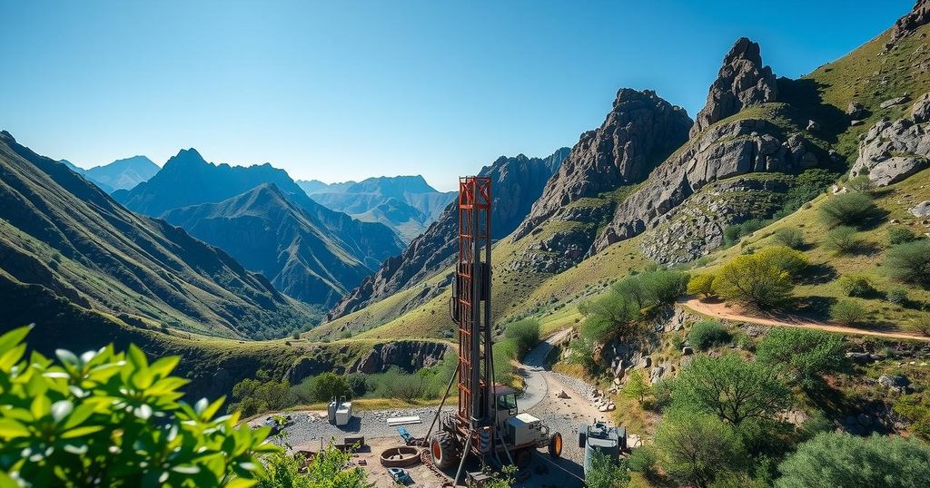 Drilling equipment at a mining site in Peru, showcasing mountainous terrain with clear skies and exploration activity.