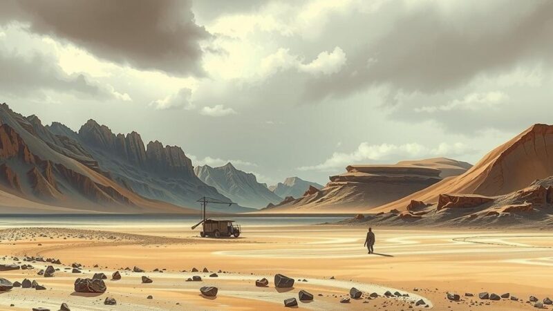 Desolate Afghan landscape depicting mountains and a dry terrain under a gray sky, symbolizing despair and hardship.
