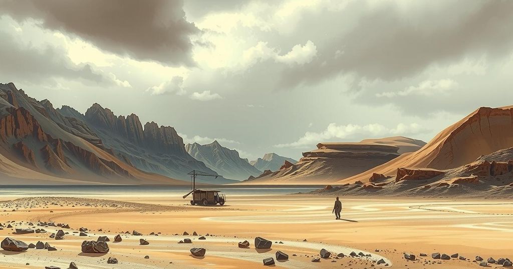 Desolate Afghan landscape depicting mountains and a dry terrain under a gray sky, symbolizing despair and hardship.