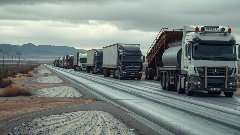 A line of trucks parked along a deserted road symbolizing protest and solidarity.