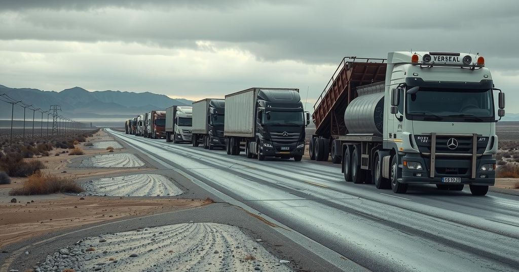 A line of trucks parked along a deserted road symbolizing protest and solidarity.