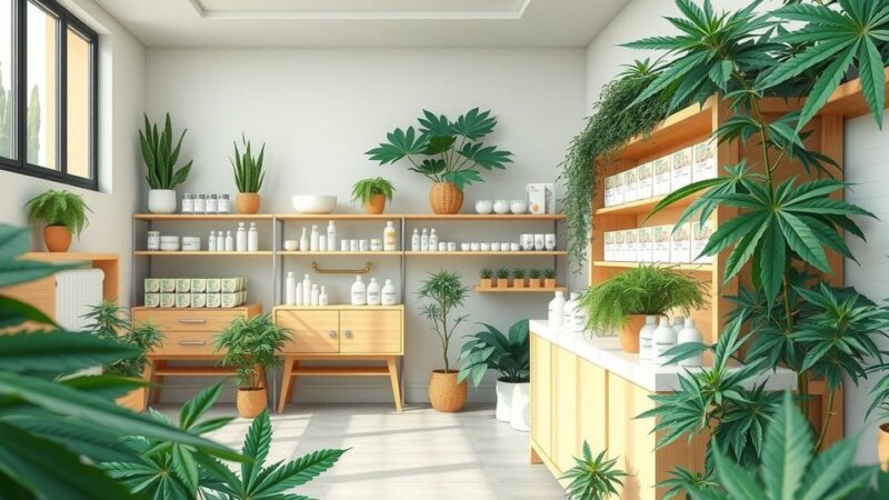 A cannabis dispensary with plants and medical supplies, showcasing a regulated and peaceful atmosphere.