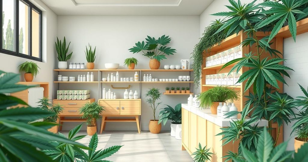 A cannabis dispensary with plants and medical supplies, showcasing a regulated and peaceful atmosphere.