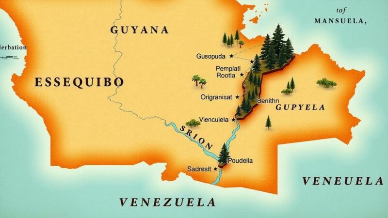 A map showcasing the Essequibo region with both Guyana and Venezuela highlighted, in an illustration style with earth tones.