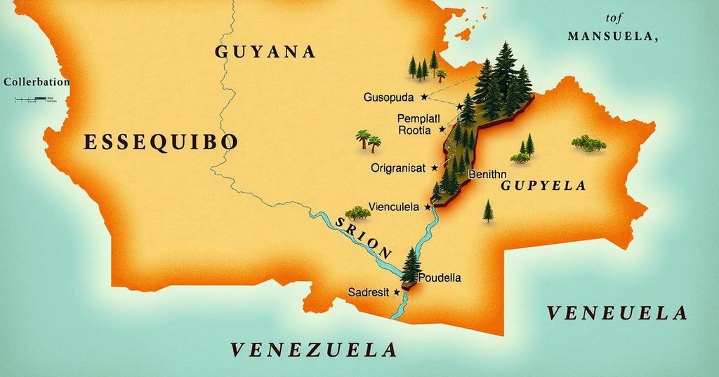 A map showcasing the Essequibo region with both Guyana and Venezuela highlighted, in an illustration style with earth tones.