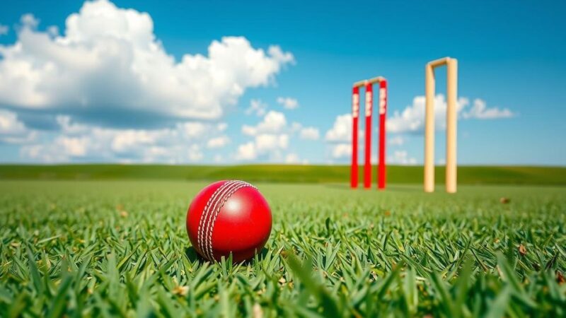 Cricket field with stumps, red cricket ball, and vibrant green grass under a bright blue sky.