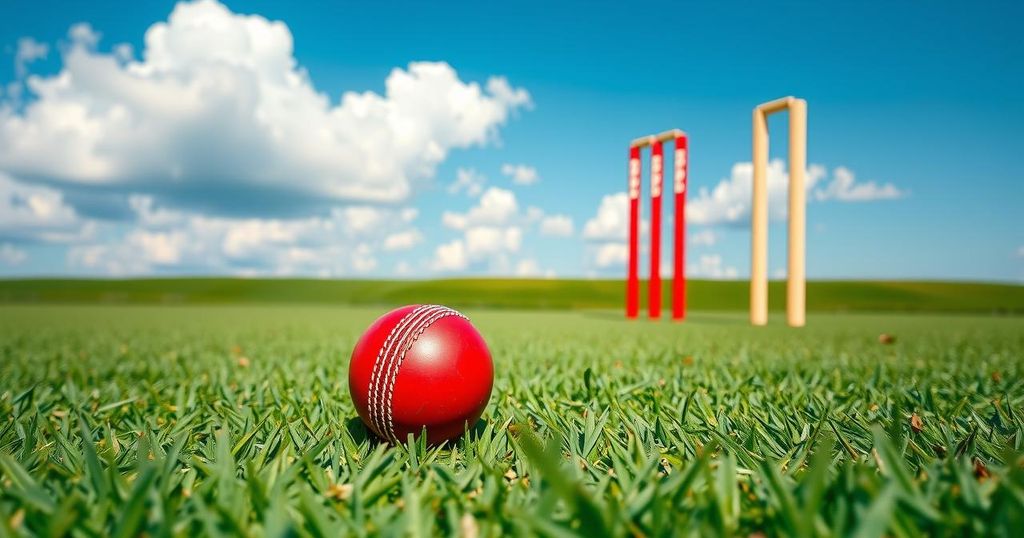 Cricket field with stumps, red cricket ball, and vibrant green grass under a bright blue sky.