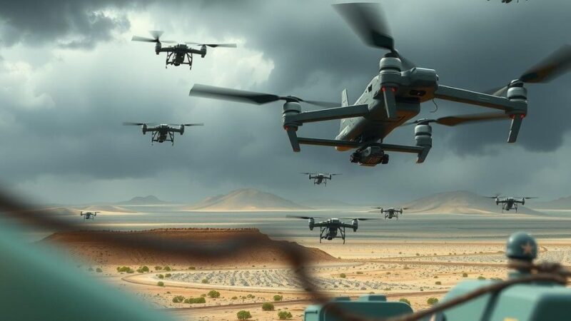A dramatic landscape depicting military drones in action over a desolate border area, with stormy skies.