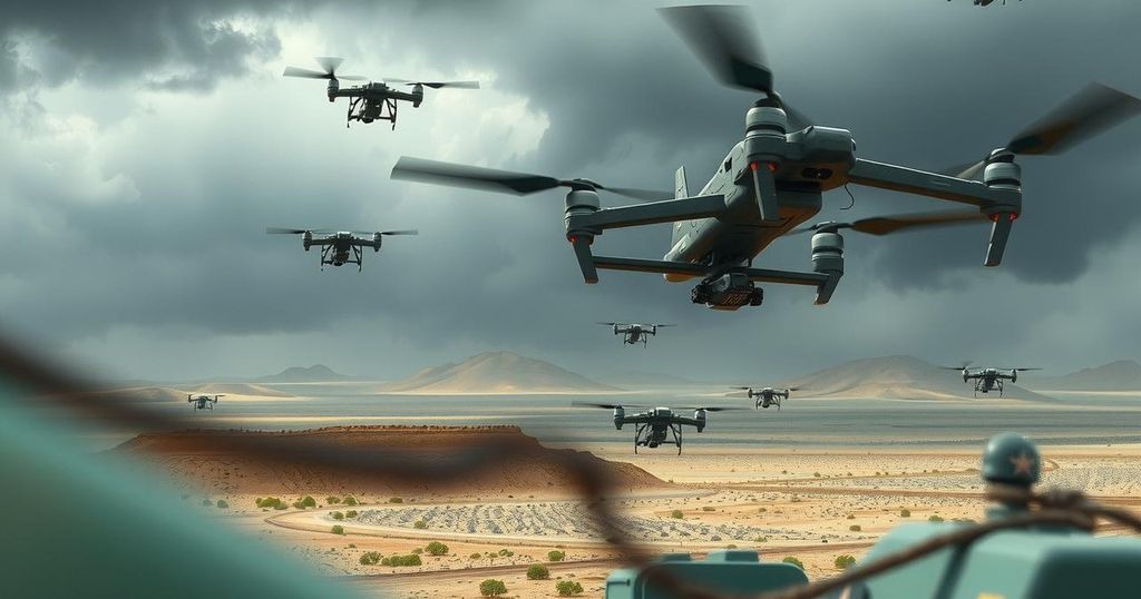 A dramatic landscape depicting military drones in action over a desolate border area, with stormy skies.