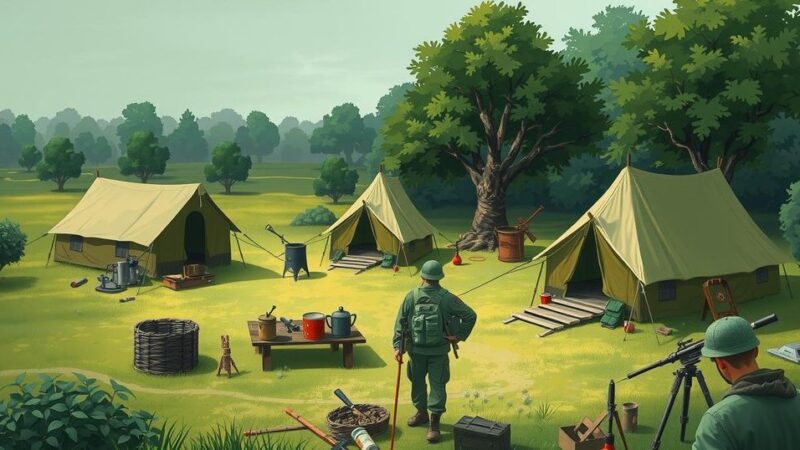 A serene landscape depicting a military training camp, with tents and tools representing skill development in nature.