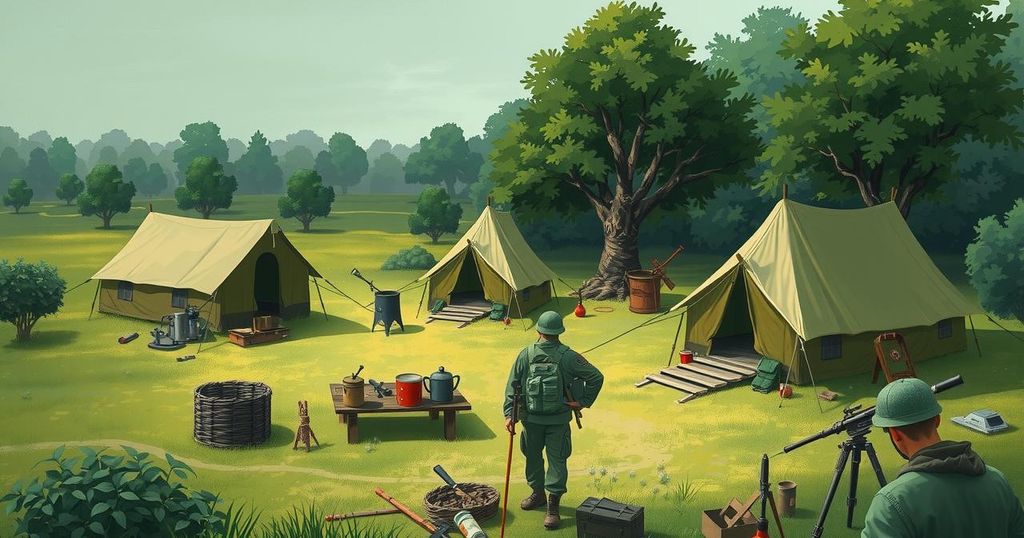 A serene landscape depicting a military training camp, with tents and tools representing skill development in nature.