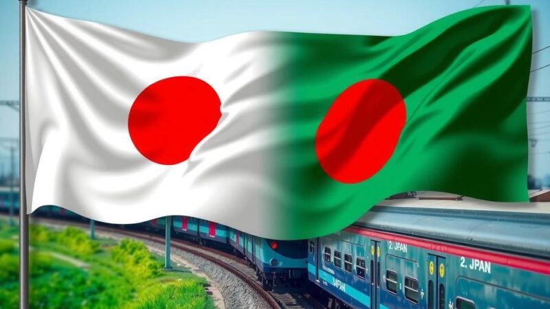 Japanese and Bangladeshi flags with a backdrop of a modern train representing international support and collaboration.