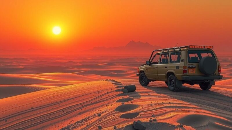 A desert landscape with a vehicle and distant mountains, depicting the struggles of migrants in Libya.