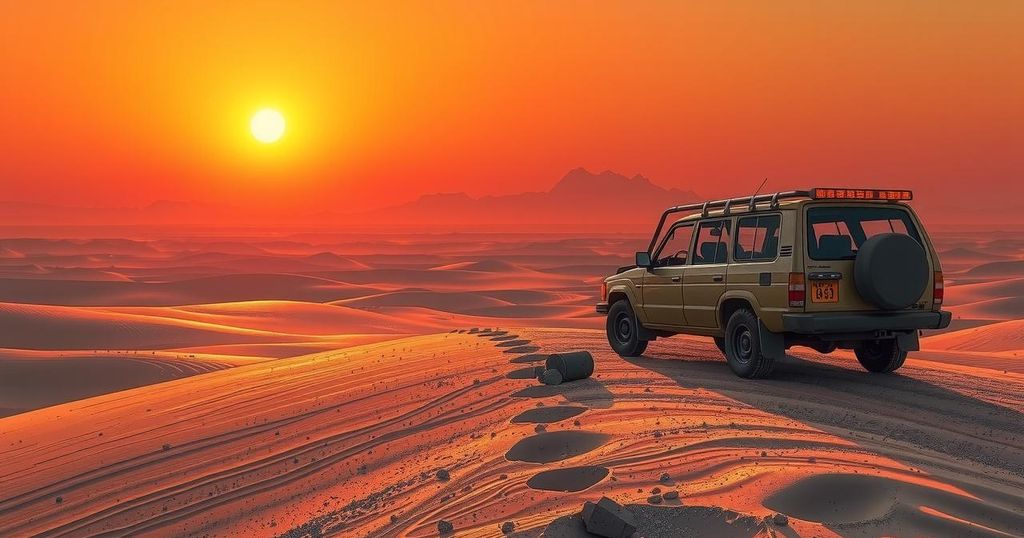 A desert landscape with a vehicle and distant mountains, depicting the struggles of migrants in Libya.