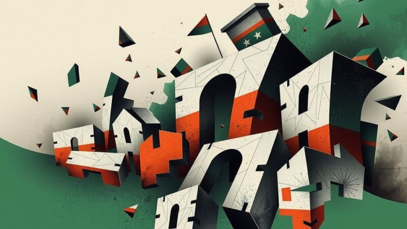 Abstract representation of Libya's political turmoil with fragmented structures, muted colors and chaotic shapes symbolizing conflict.