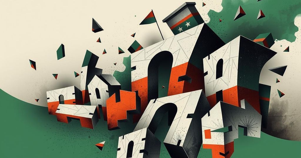 Abstract representation of Libya's political turmoil with fragmented structures, muted colors and chaotic shapes symbolizing conflict.