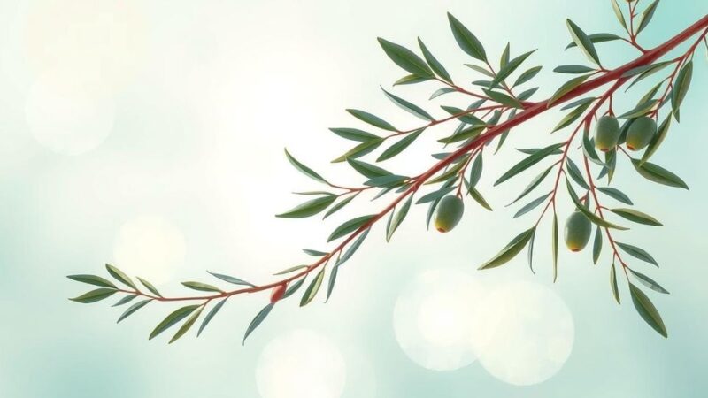 A serene landscape with olive branches symbolizing peace and unity against a soft blue and green backdrop.