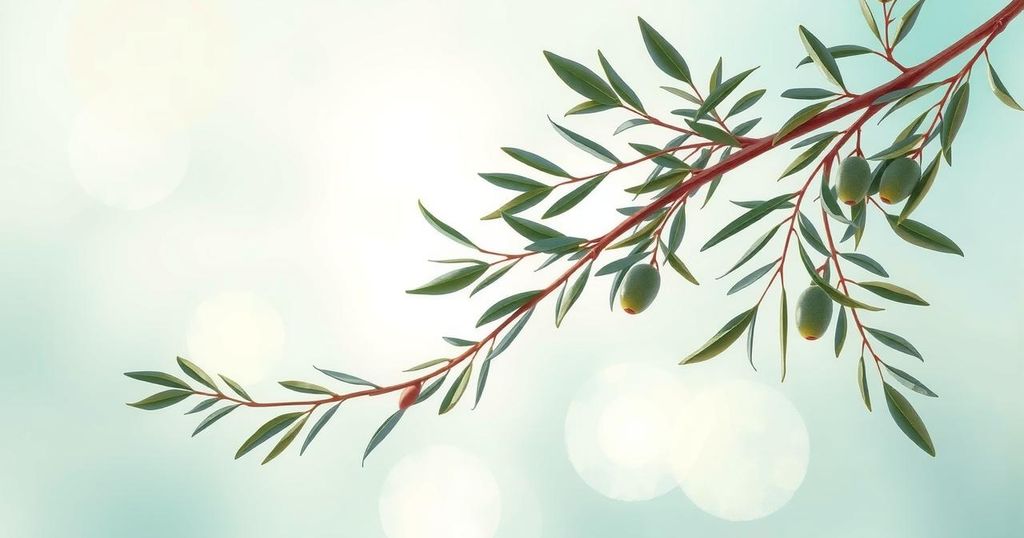 A serene landscape with olive branches symbolizing peace and unity against a soft blue and green backdrop.