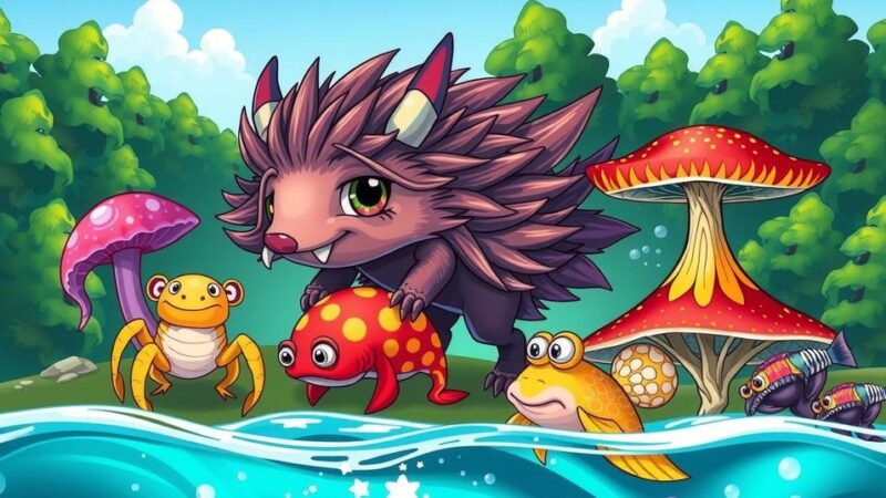 An illustration showcasing bizarre new species like fuzzy hedgehogs and colorful fungi in an eco-friendly setting.