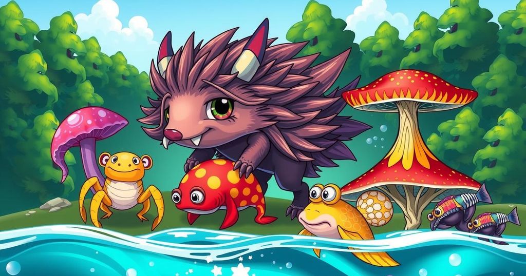 An illustration showcasing bizarre new species like fuzzy hedgehogs and colorful fungi in an eco-friendly setting.