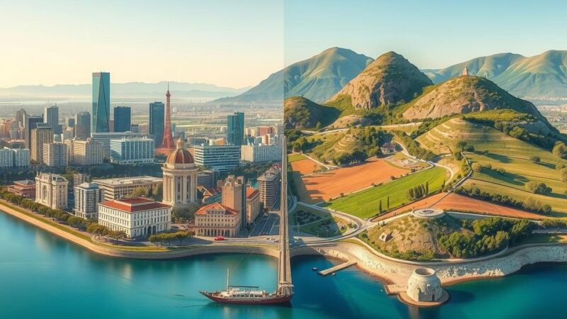 A scenic view of Uruguay depicting urban and rural contrasts with a soft color scheme, representing its cultural diversity.