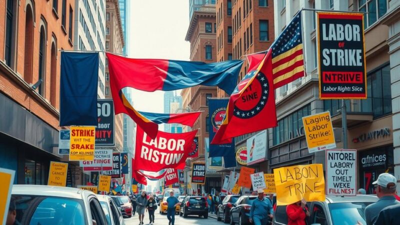 Vibrant scene of a street filled with colorful banners and signs, symbolizing a strike for labor rights.