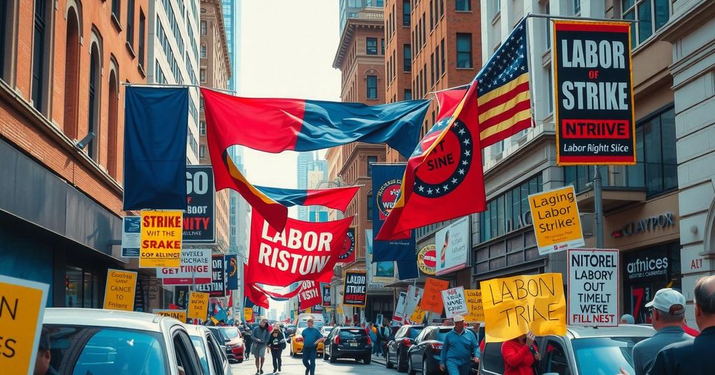 Vibrant scene of a street filled with colorful banners and signs, symbolizing a strike for labor rights.
