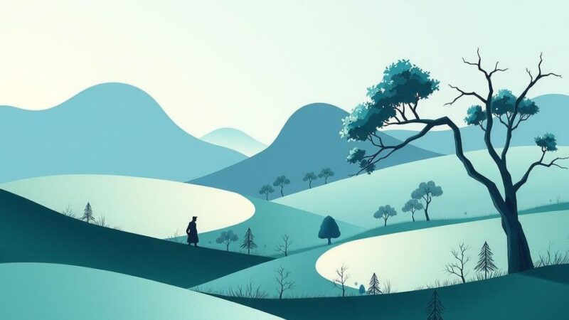 A landscape showcasing diplomatic tensions, featuring a peaceful scene with abstract elements symbolizing conflict resolution.