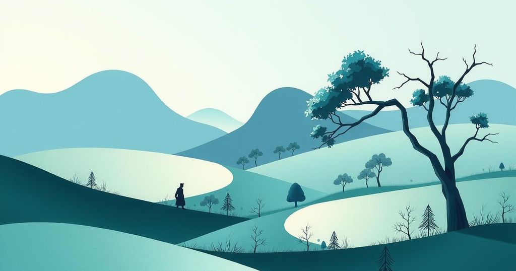 A landscape showcasing diplomatic tensions, featuring a peaceful scene with abstract elements symbolizing conflict resolution.
