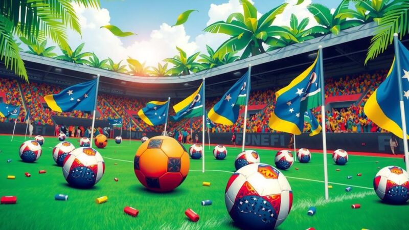 Fiji FA elections scene with footballs and banners in vibrant colors, reflecting local culture and sportsmanship.