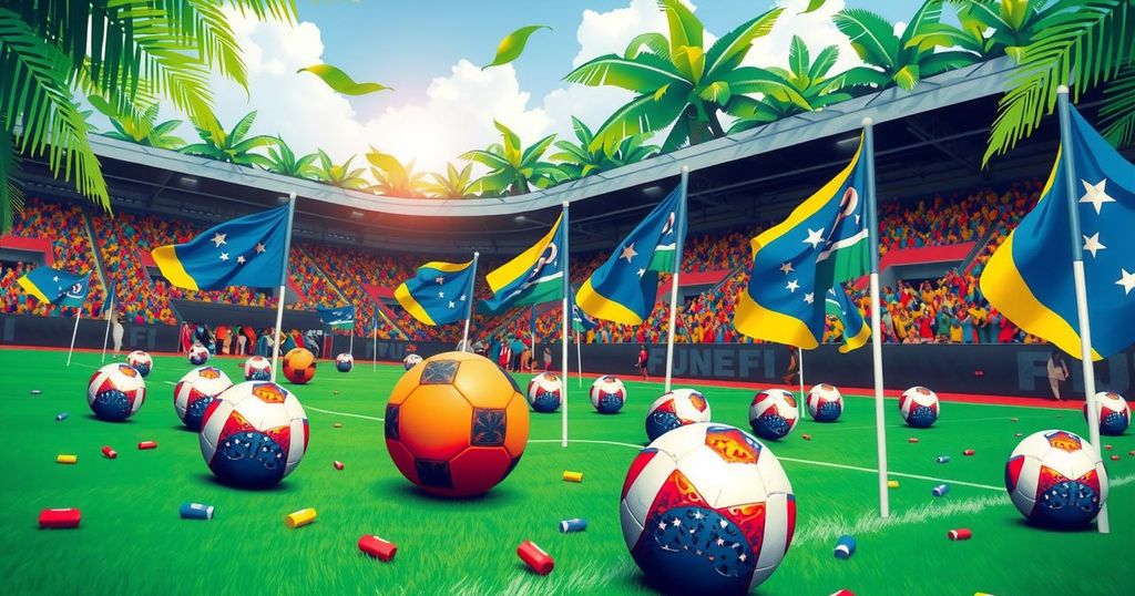 Fiji FA elections scene with footballs and banners in vibrant colors, reflecting local culture and sportsmanship.