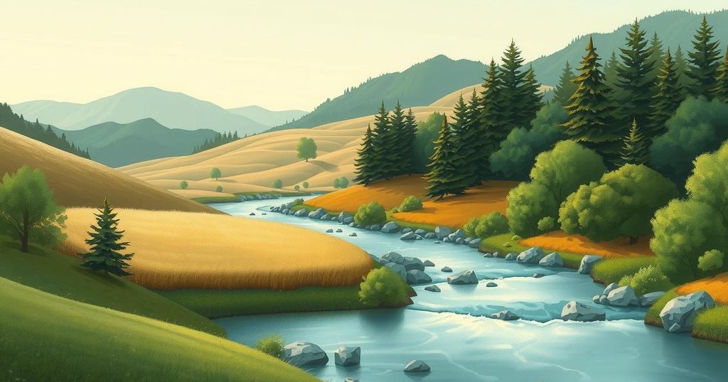A serene landscape showcasing diverse ecosystems, emphasizing balance and nature harmony in soft earth tones.
