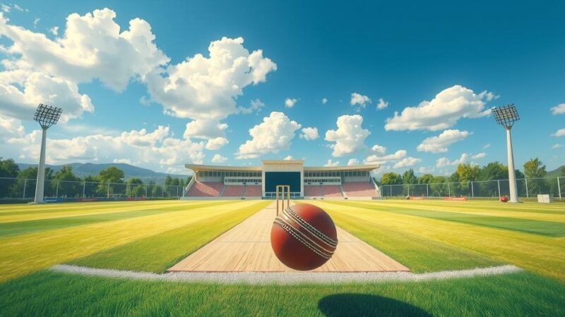 Cricket field with stumps and ball, highlighting a test match scene under clear skies.