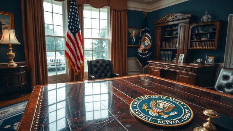 American president speaking in the Oval Office about international relations with a serious tone.
