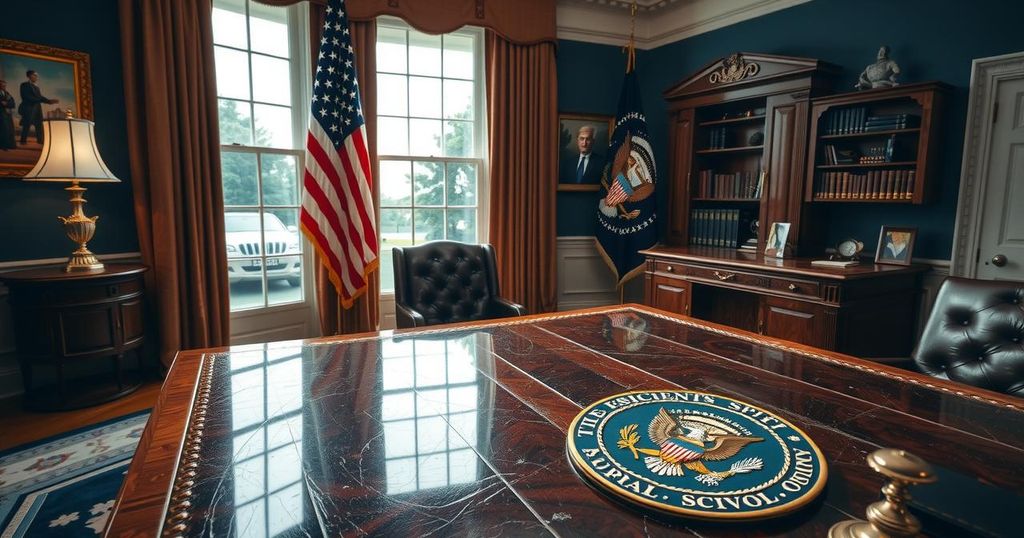 American president speaking in the Oval Office about international relations with a serious tone.