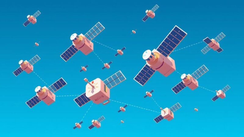 Satellite network illustration representing global internet accessibility with various satellite designs in a blue color scheme.