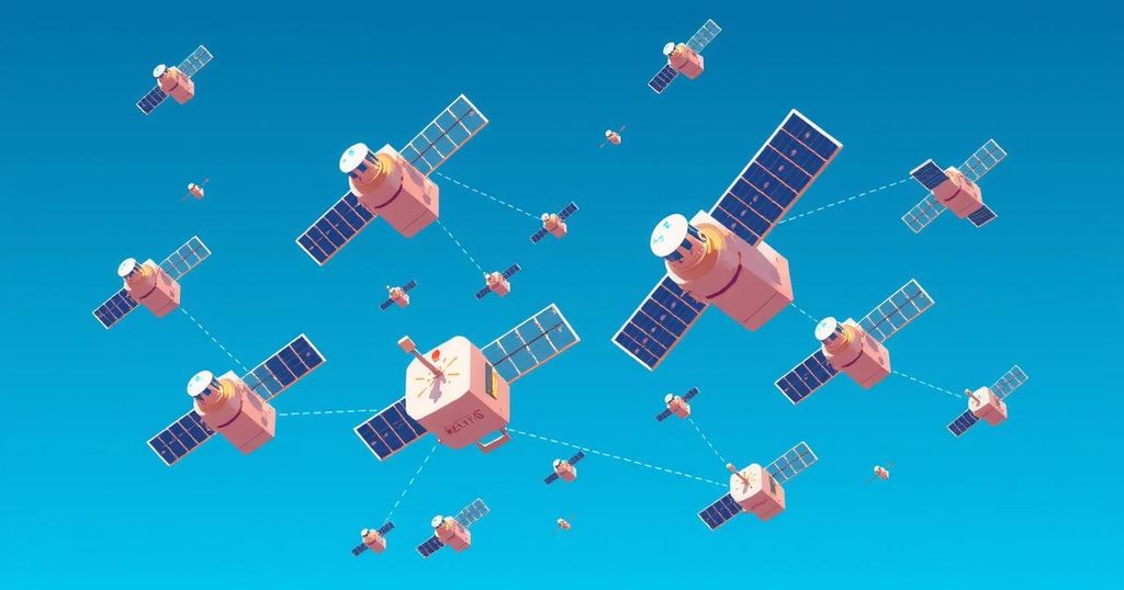Satellite network illustration representing global internet accessibility with various satellite designs in a blue color scheme.