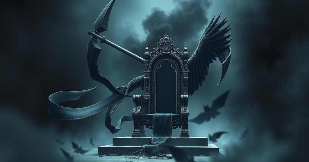 A powerful political illustration showing an empty political throne surrounded by a dark, chaotic environment.